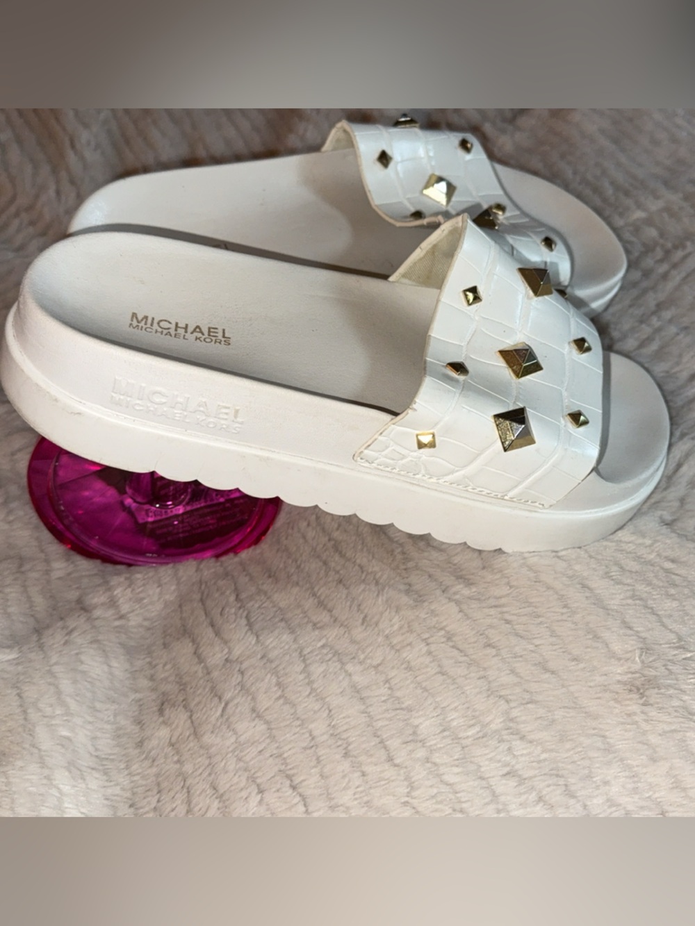 Michael Kors White Slide Sandals with Gold Pyramid Studs - Picture 3 of 3